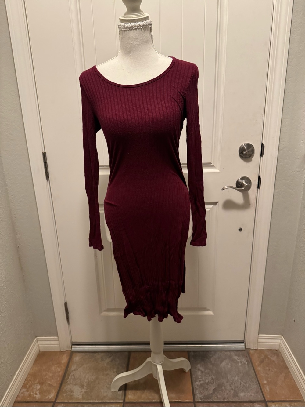 Nicki Minaj Long-Sleeve Ribbed Bodycon Dress in Burgundy